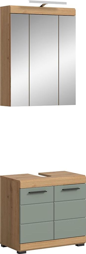Badezimmer-Set 2-teilig in Artisan Eiche mit Salbei, mit Spiegelschrank inkl. LED-Aufsatzleuchte - SIROCO-158