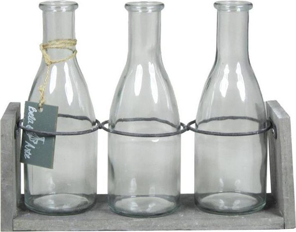 INNA-Glas Glasflaschen ANYA mit Holzständer, 3 Gläser, klar, 25x8x20cm - Deko Glasflasche