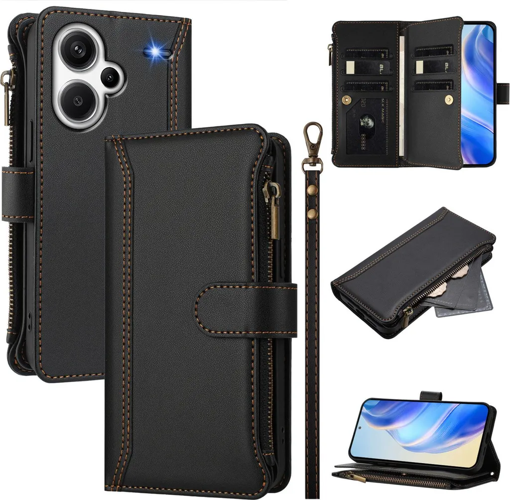 Custodia Xiaomi Redmi Note 13 Pro Plus Portafoglio Zip Nero - Vera Protezione