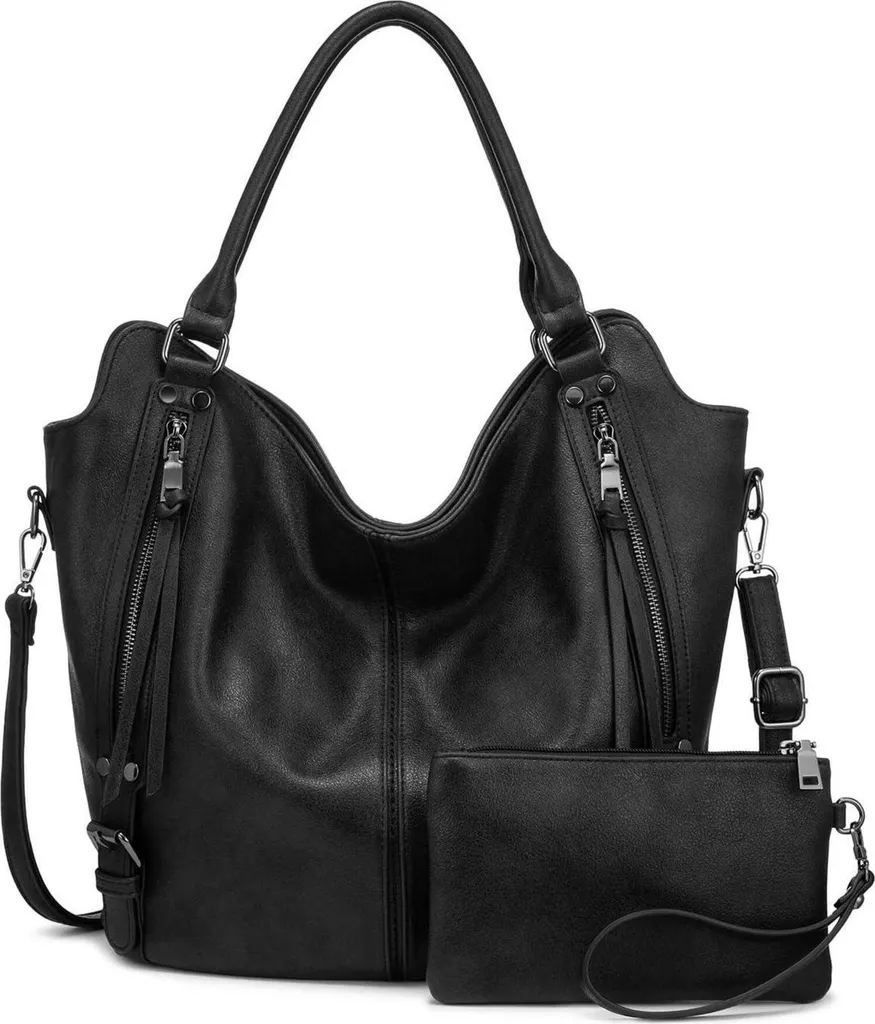 Realer donna grande shopper in pelle nera borsa a tracolla set da 2 pezzi