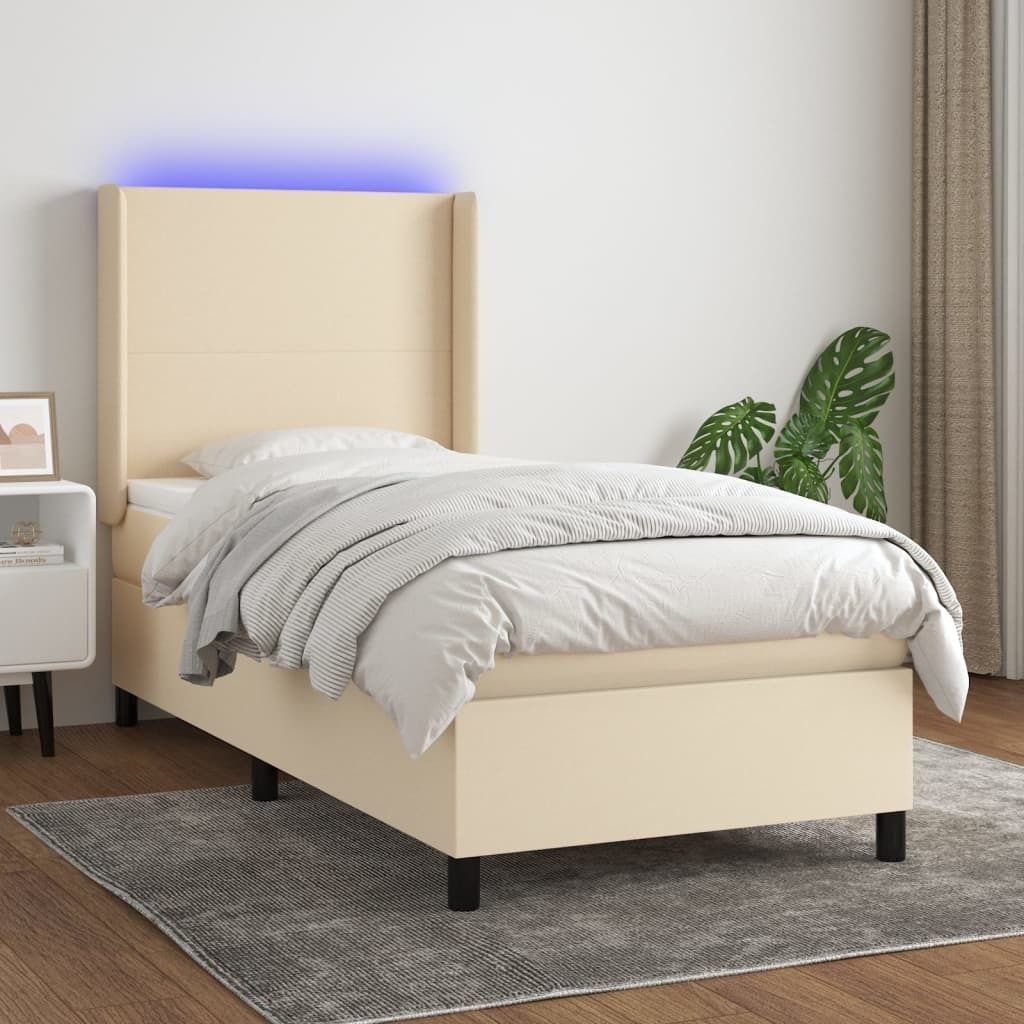 The Living Store Boxspringbett mit Matratze & LED Creme 100x200 cm Stoff