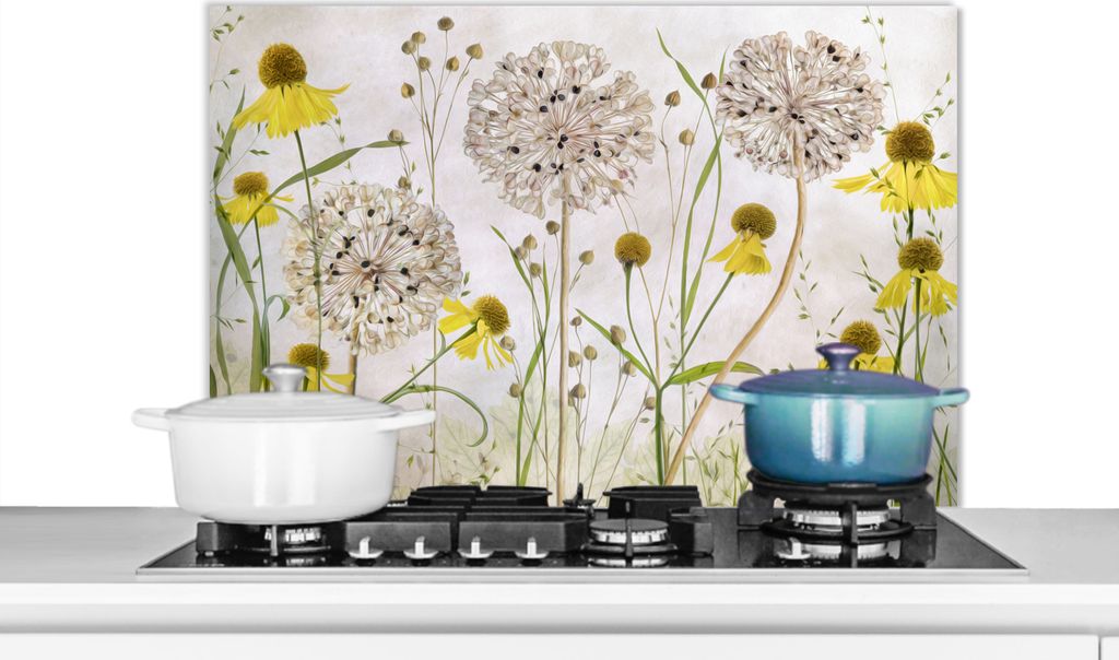 KitchenYeah Spritzschutz Küche - Küchenrückwand - Wandschutz für Herd und Spüle - Blumen - Stillleben - Ölfarbe 80x55 - Alu-Dibond (Altern...