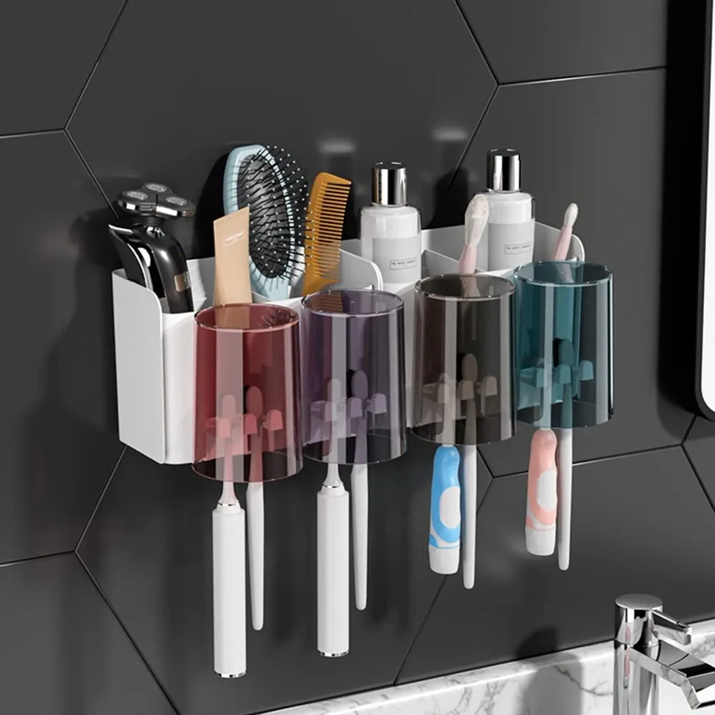 Support brosse à dents sans perçage pour famille avec 4 gobelets