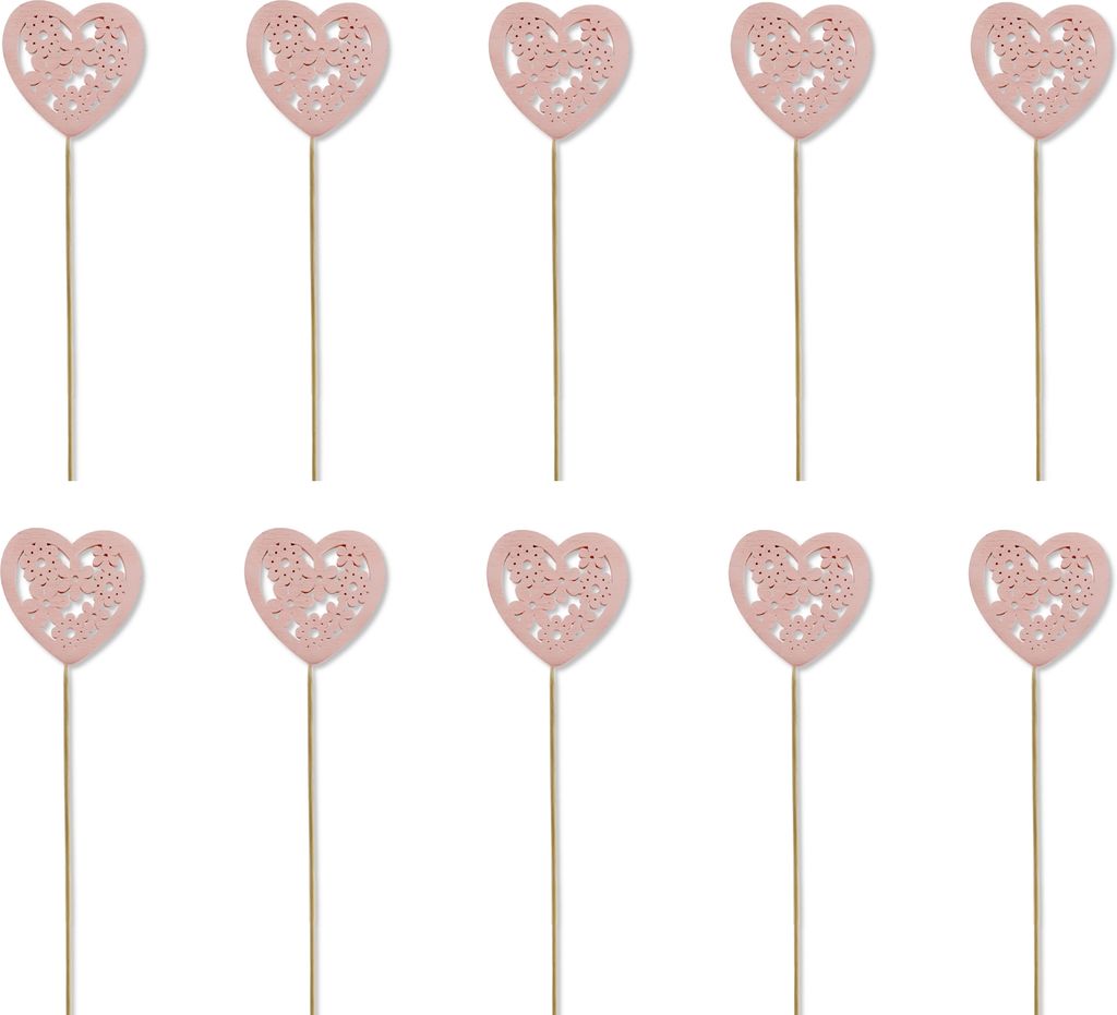 Holz Blumen-Stecker Herz mit Blümchen rosa 10 Stück 7 x 35cm Dekostecker Blumenstab Herzstab Holzstecker