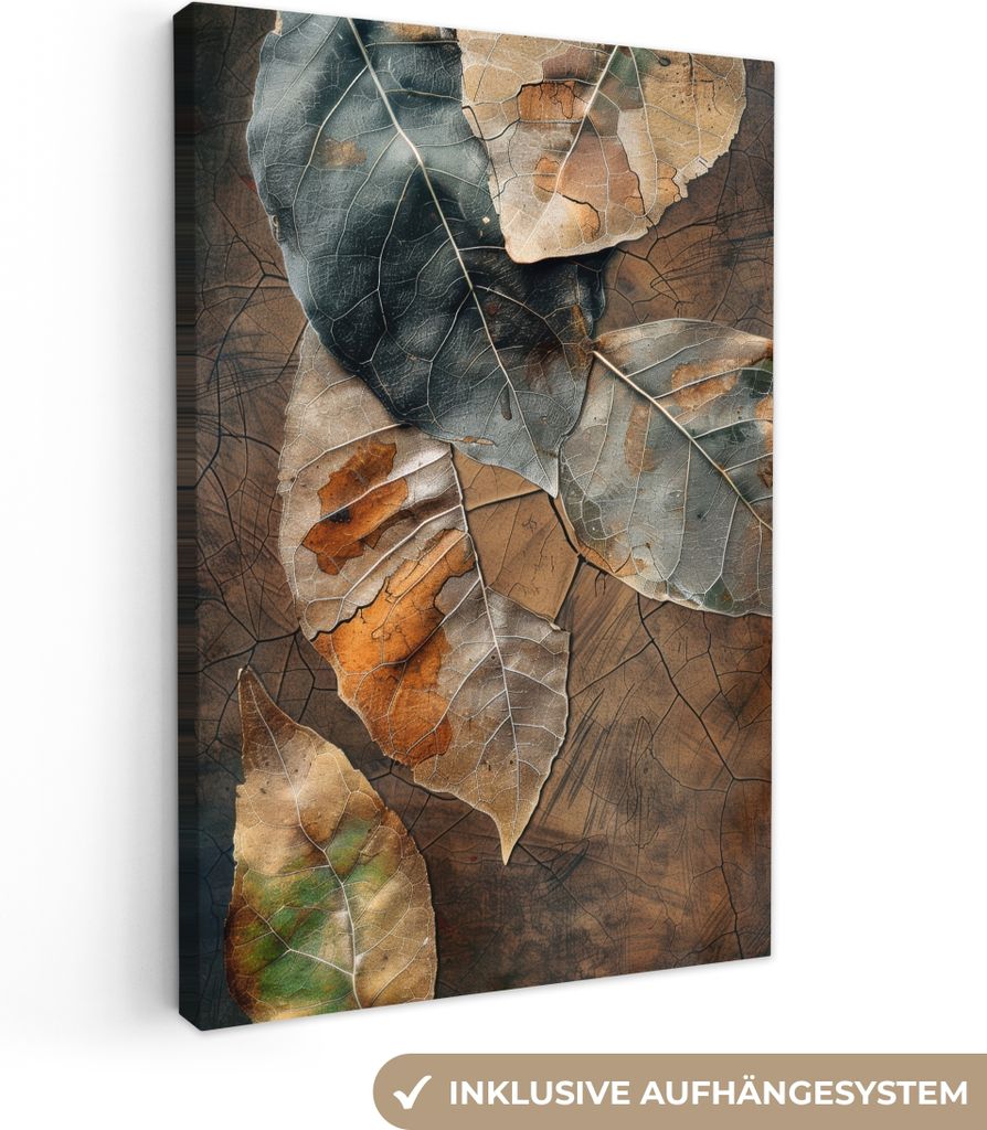 MuchoWow - Leinwandbilder - Blätter - Braun - Herbst - Natur, Wandbild, Wanddeko Bilder Wohnzimmer, 80x120 cm