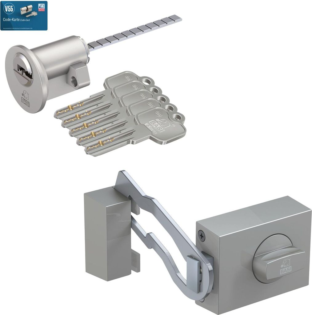 BASI - Türzusatzschloss mit Außenzylinder - SET - KS 500 - 70 mm - Silber - käntig - mit Sperrbügel - VB1306-0205