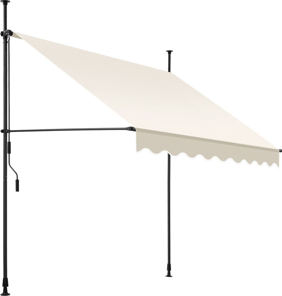 A cream-colored retractable awning with a scalloped edge, supported by black poles and a crank mechanism, shown against a white background.