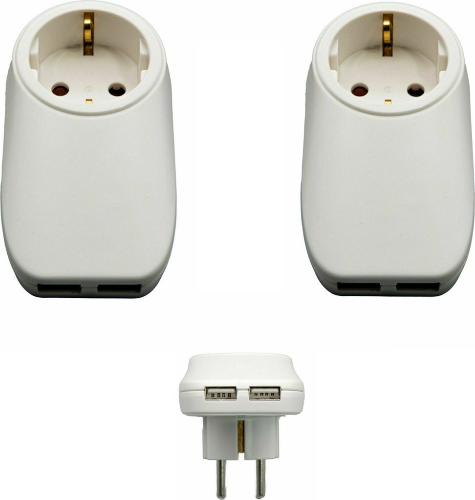 Three white electrical adapters with USB ports are displayed against a white background.