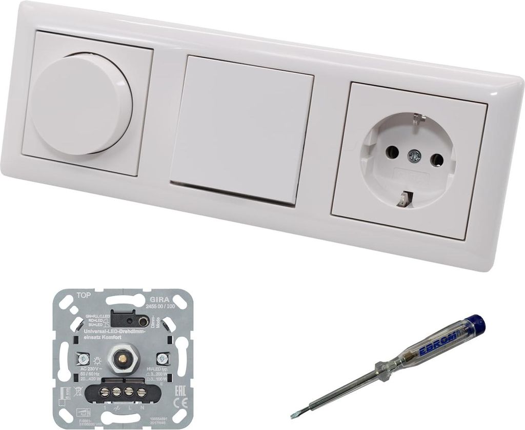 GIRA 245500 LED Drehdimmer Dimmer + Dimmerscheibe 065003 + Lichtschalter 010600 + Steckdose mit Kinderschutz 445303 System55 reinweiß glänzend + ...