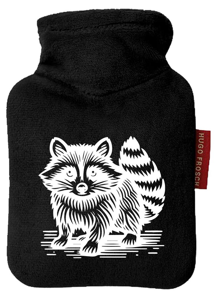 Huuraa Mini-Wärmflasche Waschbär Comic 0,2 Liter Black Mini Veloursbezug Taschenwärmer Geschenkidee