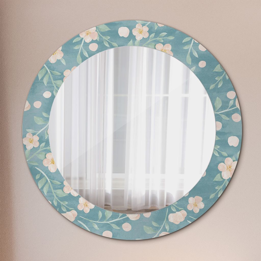 Ø60cm Spiegel - Glasrahmen mit Aufdruck - Wandspiegel Schlafzimmer - Federn