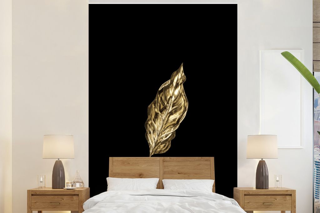 MuchoWow Fototapete für Wohnzimmer oder Schlafzimmer Wandtapete Vinyl Motivtapete Schwarz und Gold - Blatt - Abstrakt - 180x280 cm - Wallpaper