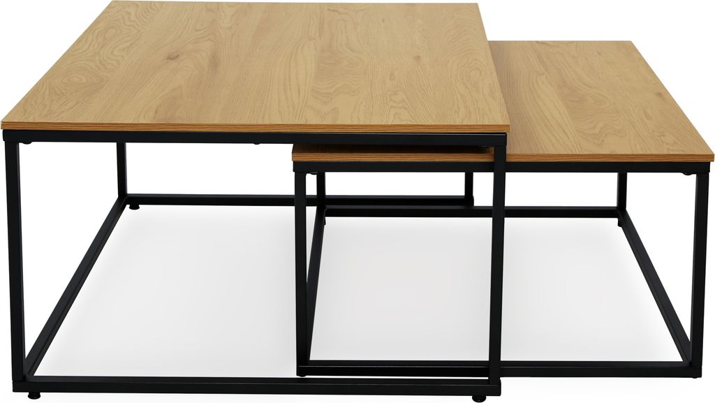 A set of two nesting coffee tables with wooden tops and black metal frames, presented against a white background.