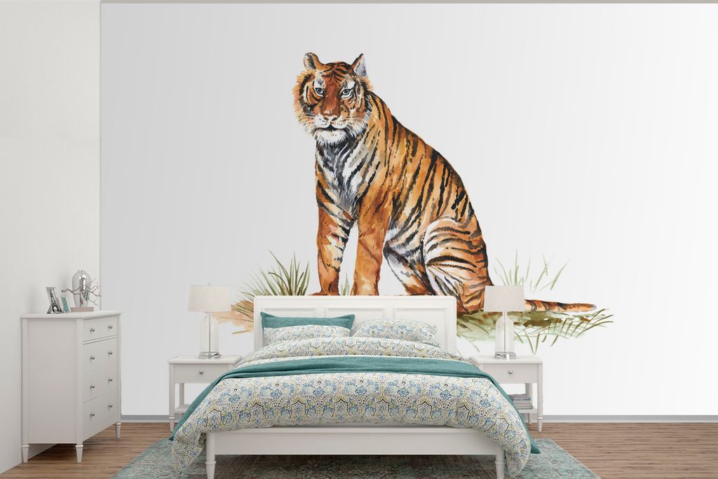 MuchoWow Fototapete für Wohnzimmer oder Schlafzimmer Wandtapete Vinyl Motivtapete Tiger - Gras - Orange - 360x240 cm - Vinyl-Tapete