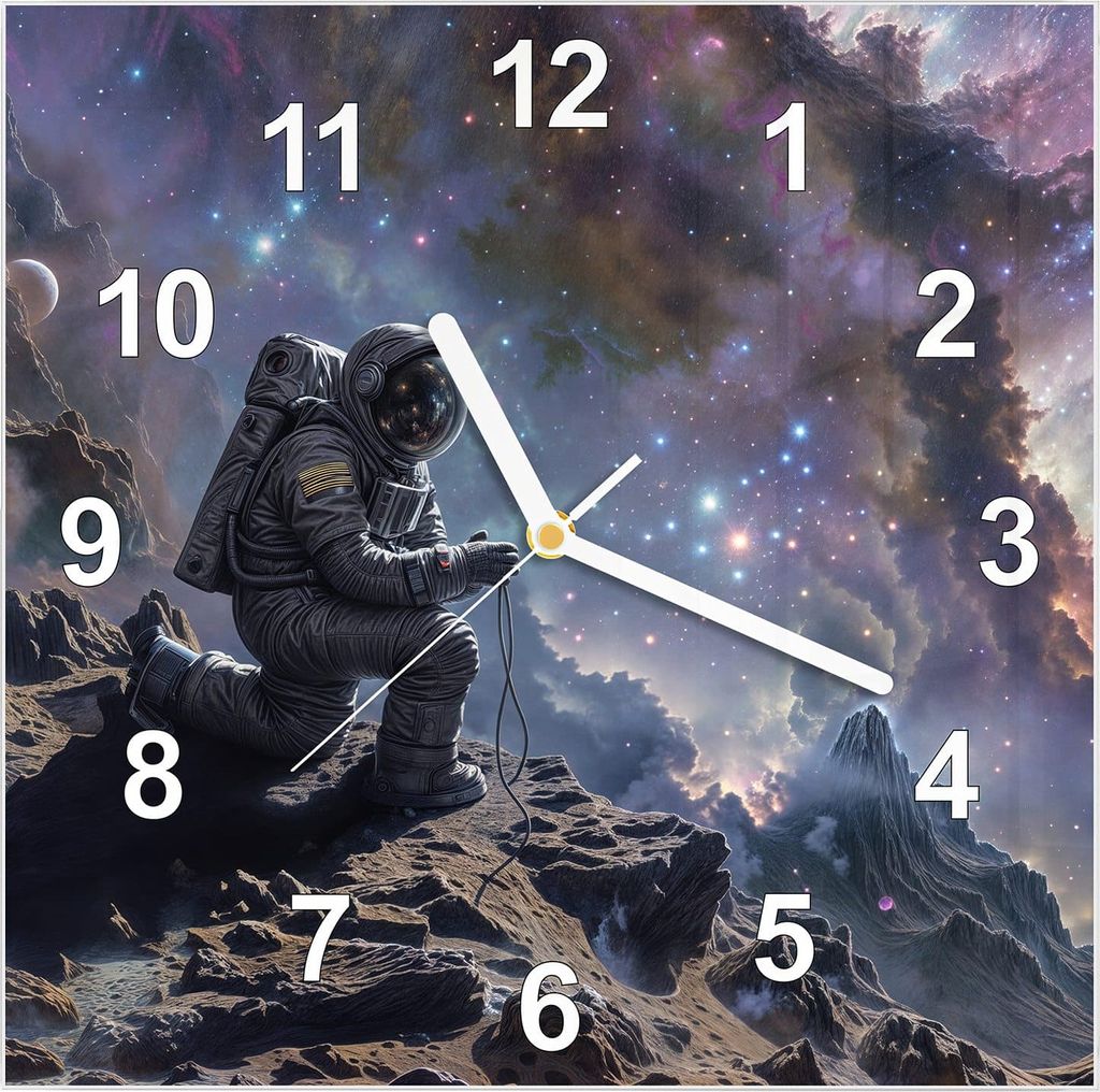 Wanduhr aus Glas mit Motiv Astronaut im All- 30 x 30 cm - inkl. Aufhängesystem