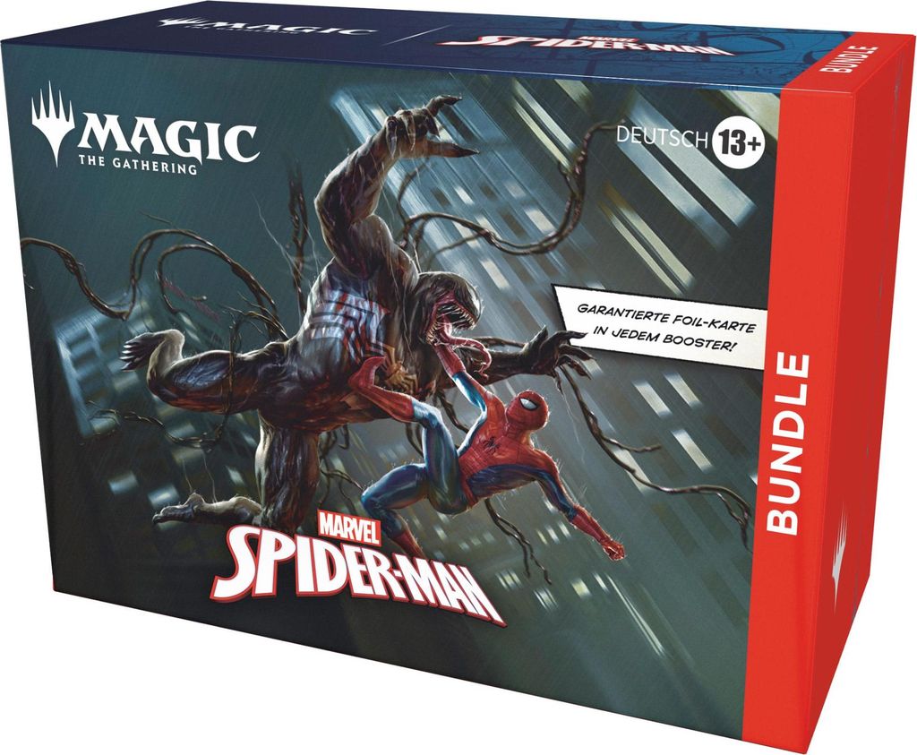 A Magic the Gathering Marvel's Spider-Man Bundle box featuring artwork of Spider-Man fighting Venom.