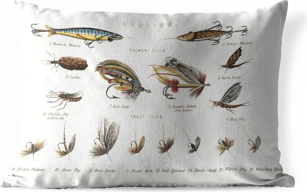 MuchoWow Outdoor Kissen - Eine Vintage-Illustration von verschiedenen Angelködern - 50x30 cm - Wetterfest - Lounge Kissen - Sofa kissen - Wohnzi...