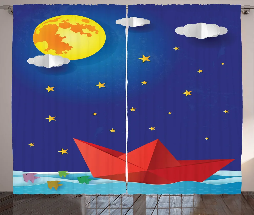 Rideau pour chambre déco lune et bateau, grand format 280 x 225 cm