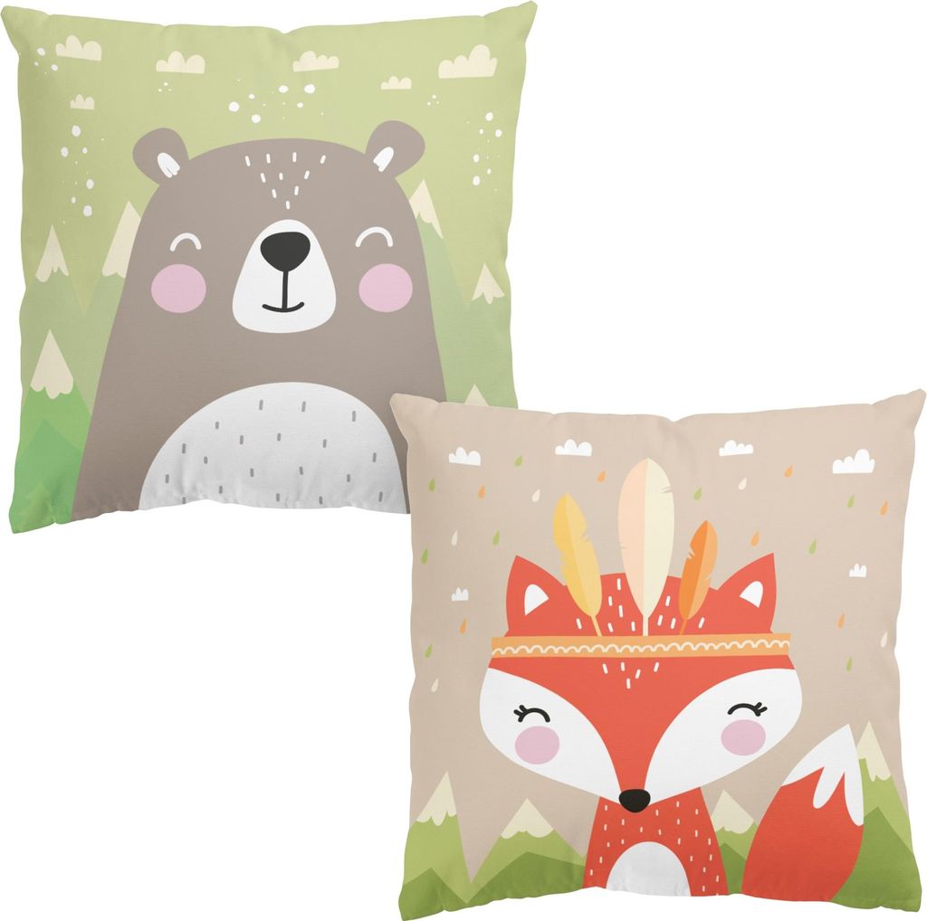 Dekokissen 2-teilig Tiere drinnen / Indoor Zierkissen Canvas waschbar Design grün Illustration Sofakissen mit Füllung