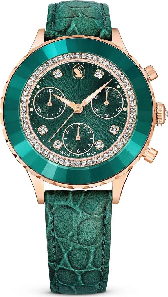 Montre Swarovski Octea Chrono 5672931 en cuir vert et or rose de luxe
