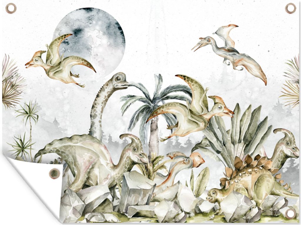 MuchoWow 120x90 cm Outdoor-Poster Gartendeko Sichtschutz Garten Poster für den Garten Dinosaurier - Kinder - Dschungel - Grün - Tiere - Natur