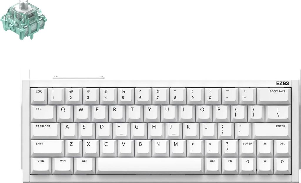 A white mechanical keyboard and a single keyboard switch are displayed against a white background.