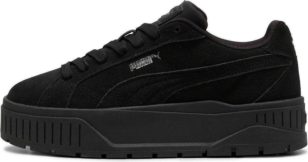 A black Puma sneaker with a thick platform sole.