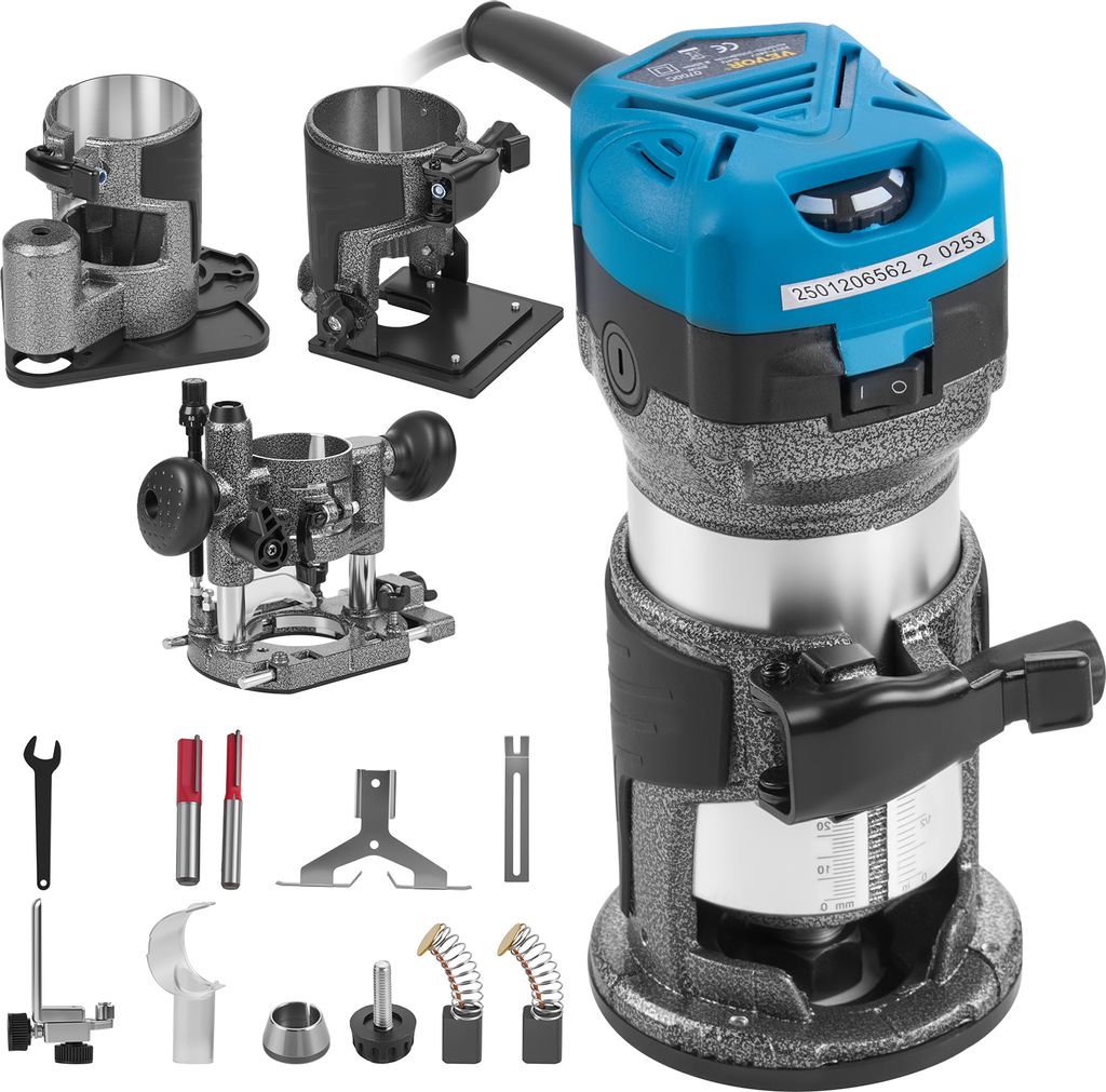 SucceBuy Holzfräse-Werkzeugsatz, 710 W, elektrischer Handtrimmer, 30.000 U/min, variable Geschwindigkeit, kompakter Laminator mit 4 Sockeln