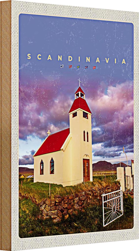 Holzschild Reise 20x30cm Skandinawien Haus rot Dach Wiese Natur