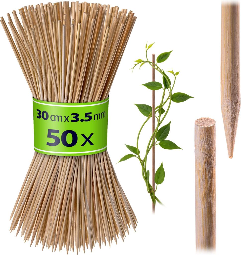KADAX Bambusstäbe 30 cm x 3,5 mm, 50er Set, Pflanzstäbe aus Bambus, Holzstäbe als Pflanzenstütze für Setzlinge, Blumenstäbe, Rankhilfe für P...
