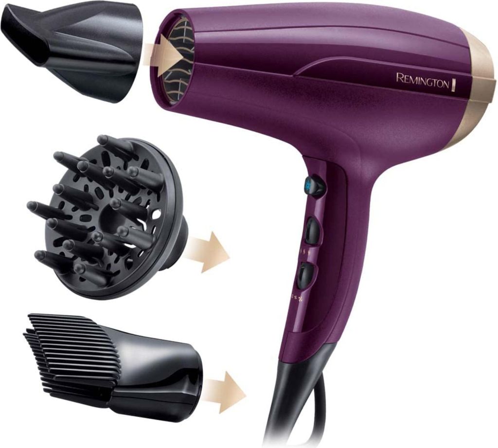 A purple Remington hairdryer with three attachments displayed next to it.