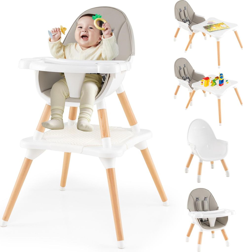 COSTWAY 6 in 1 Hochstuhl Baby, Kinderhochstuhl mit Bausteintisch, Doppeltablett, Babyhochstiuhl, Kombihochstuhl für 6-36 Monate Kinder, Grau