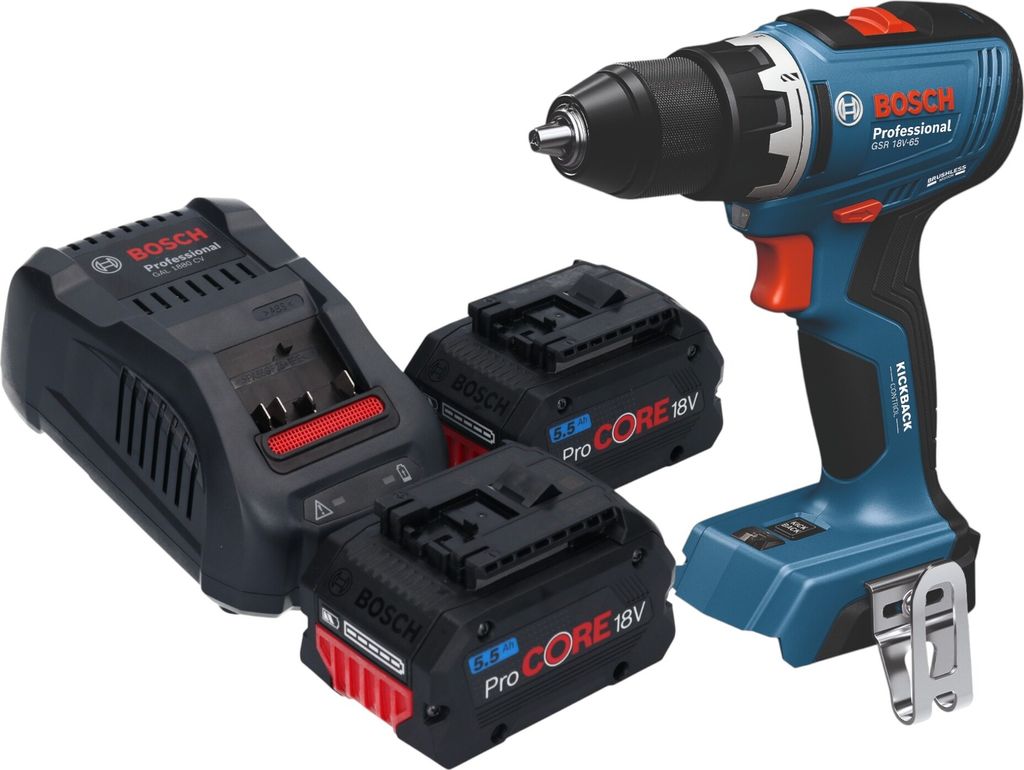 Bosch GSB 18V-65 Professional Akku Schlagbohrschrauber 18 V 65 Nm Brushless + 2x ProCORE Akku 5,5 Ah + Ladegerät