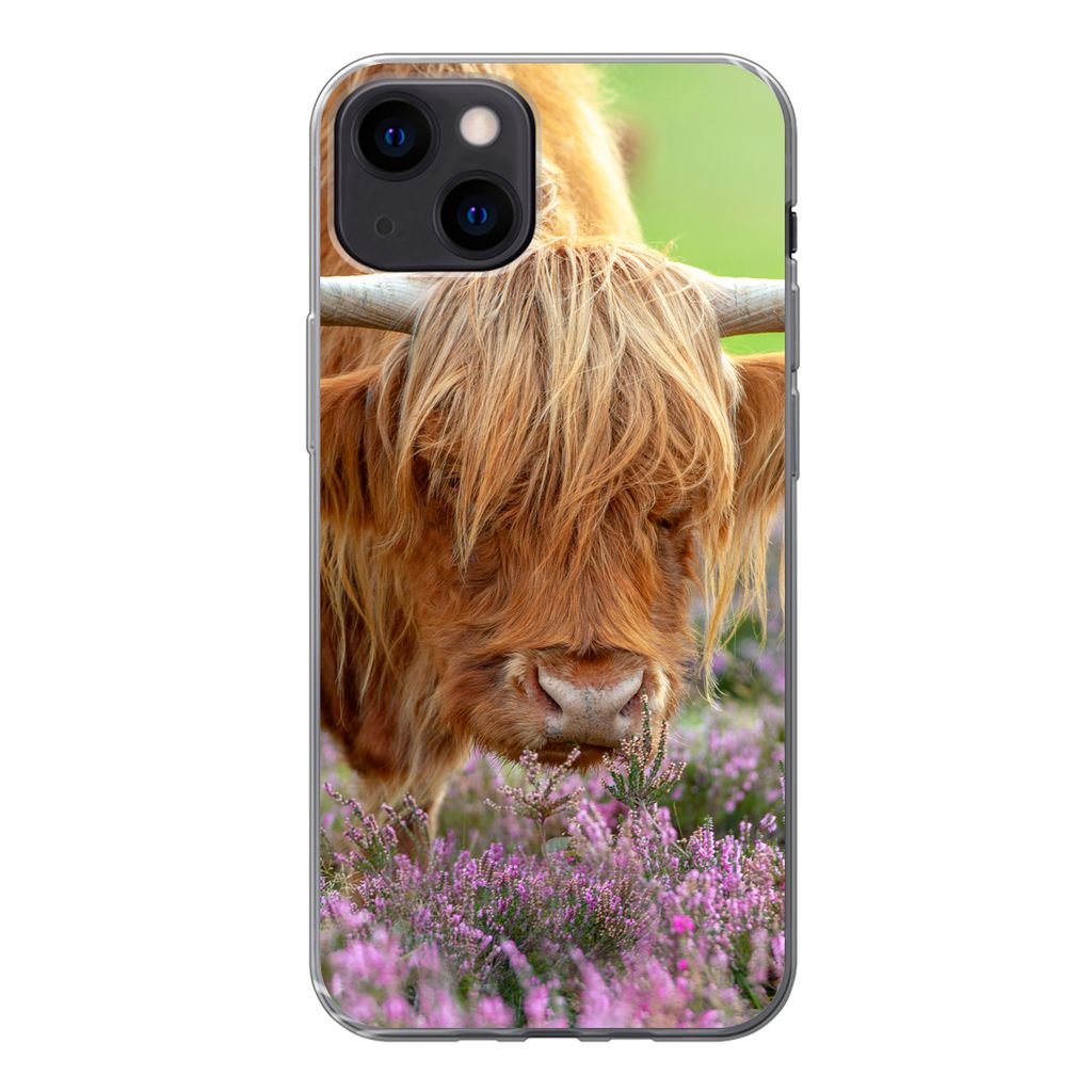 MuchoWow Handyhülle Schutzhülle Hülle für iPhone 13 Schottischer Highlander - Lila - Blumen Silikon Softcase Handy Hülle - Karteninhaber