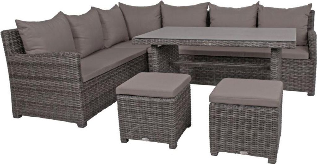 An outdoor lounge set with a sectional sofa, a table, and two ottomans, shown against a white background.