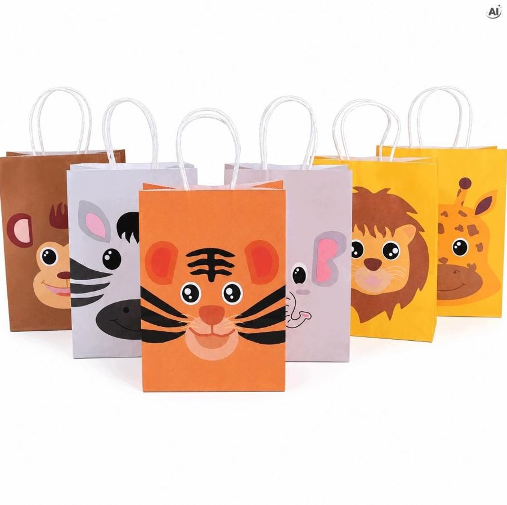 Geburtstagstüten 15x8x21 cm, bunte Papiertüten mit Tiermotiven für Süßigkeiten und kleine Geschenke