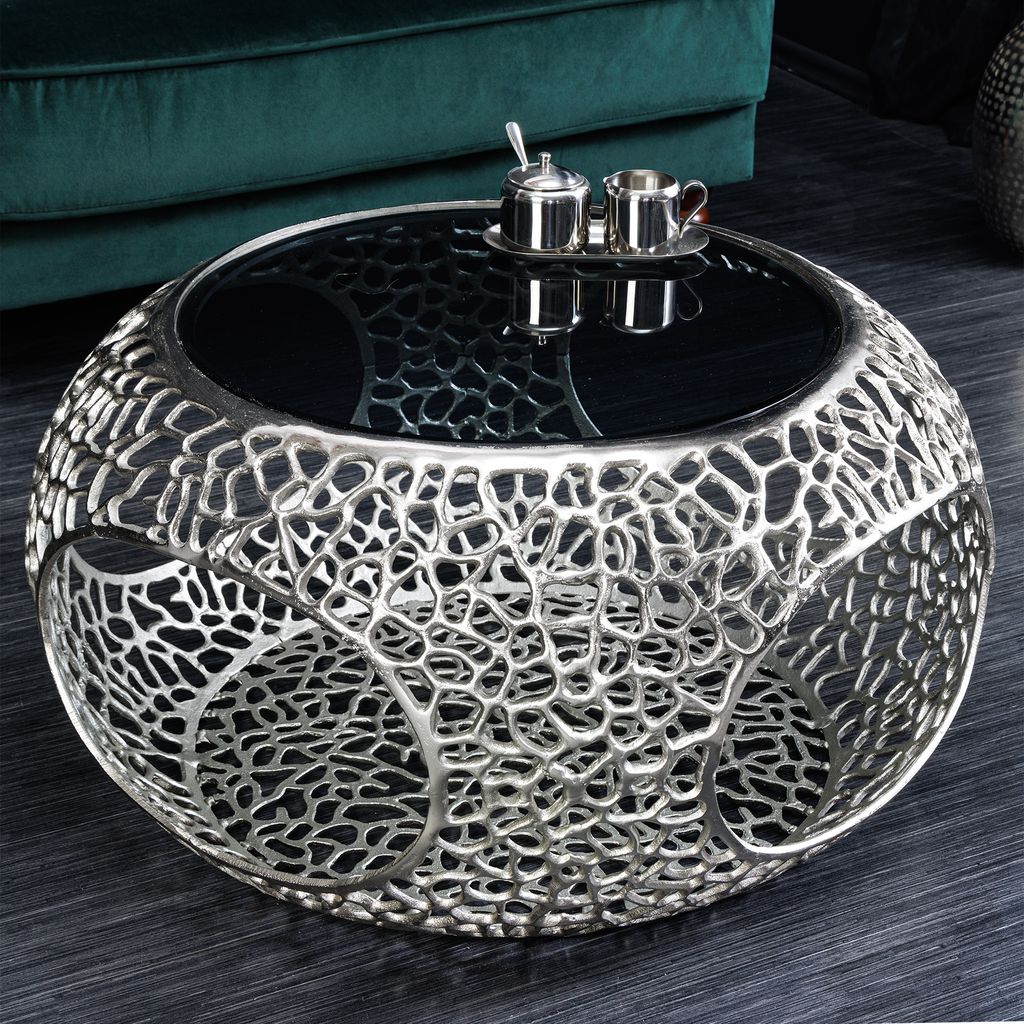 riess-ambiente Runder Couchtisch SPIN 75cm silber Schwarzglas Metall mit Stauraum Beistelltisch Tisch