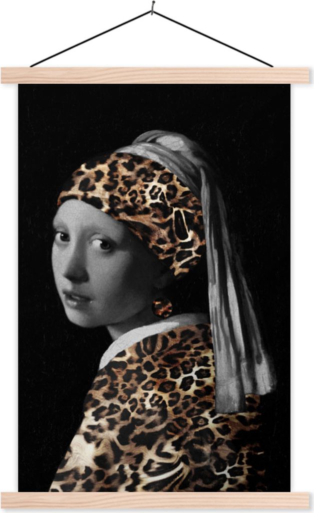MuchoWow Textilposter Das Mädchen mit dem Perlenohrring - Johannes Vermeer - Pantherdruck 120x180 cm mit holzfarbenen Rahmen - Textil-Plakat