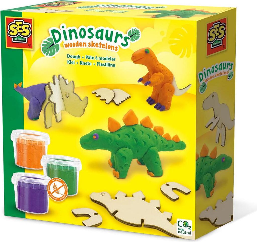 SES Creative 00418 Dinosaurier Knetset mit Holzskelett – Entdecke die Urzeit mit Knete, Knetmasse, Mehrfarbig, Kind, 3 Farben, 3 Jahr(e), 12 Jahr(e)