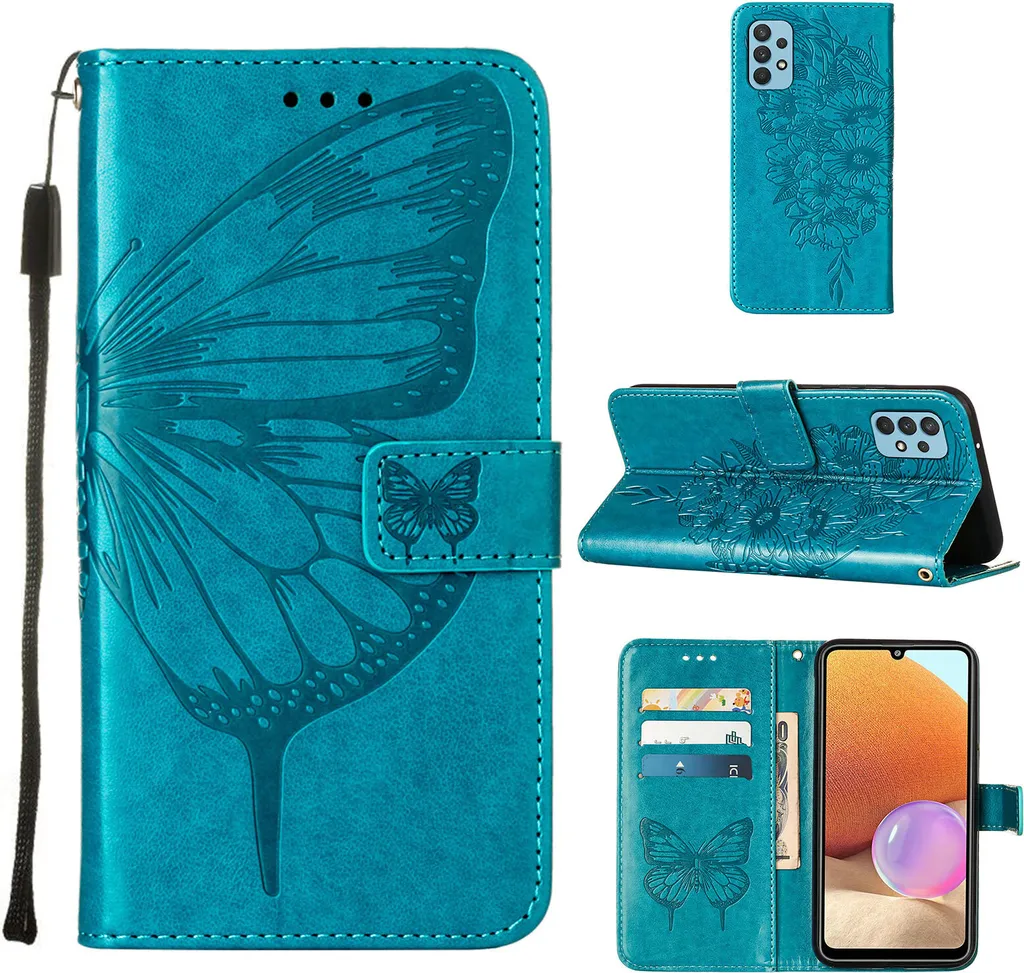 Custodia Samsung Galaxy A32 4G Blu - Cover Farfalla Rilievo Flip