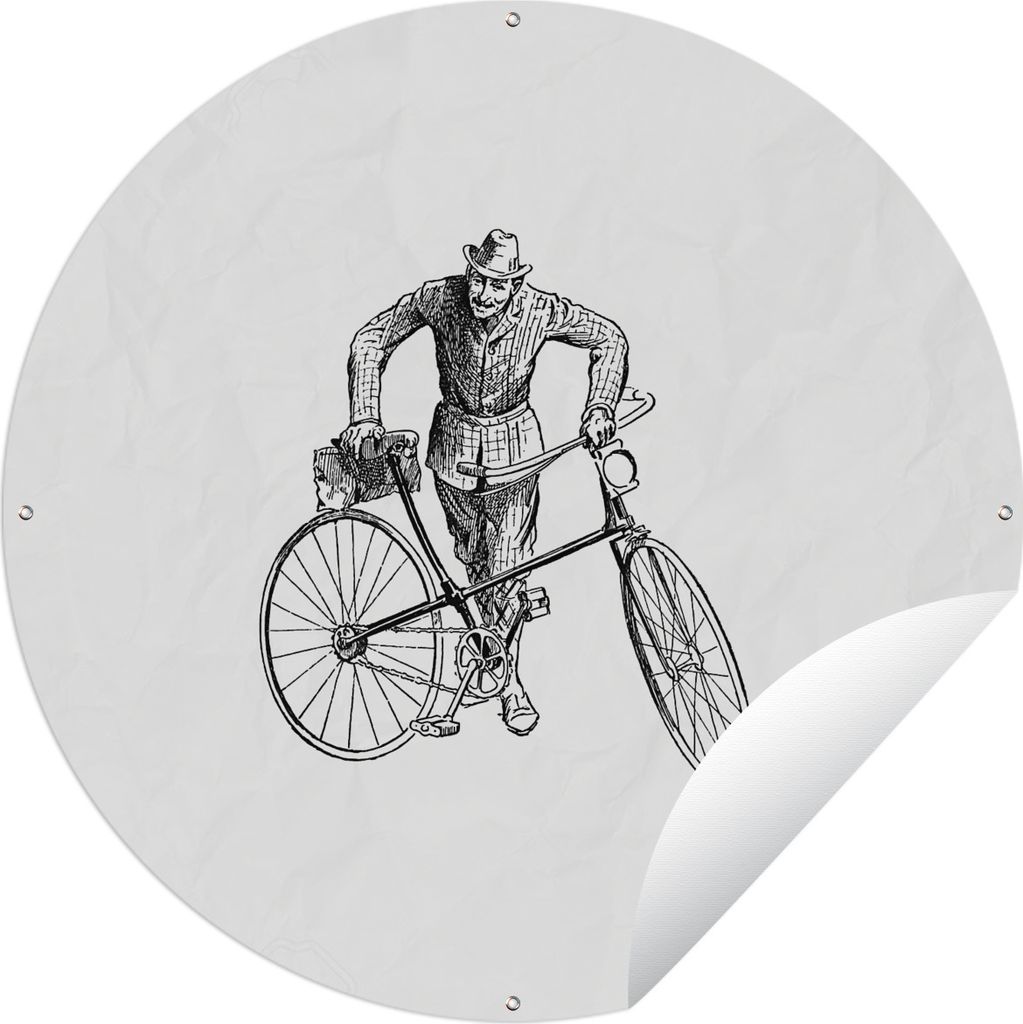 MuchoWow Gartenposter Outdoor-Poster Rund Fahrrad - Mann - Vintage Ø 90 cm Gartendeko Rundes Poster draußen