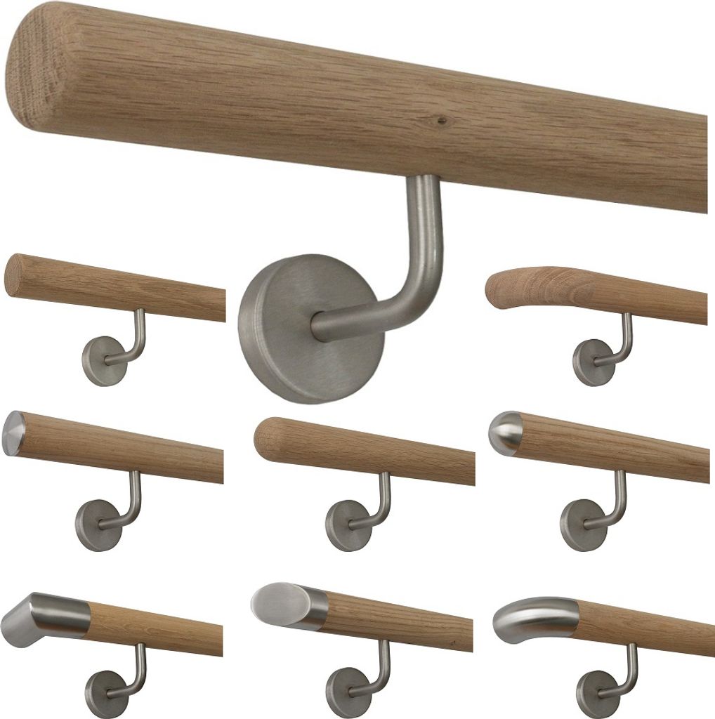 TIBU Eiche unbehandelt Holz Handlauf Geländer 0,3m - 5m, Länge 100 cm, Ende Radius gefräst und 2 gewinkelte Halter