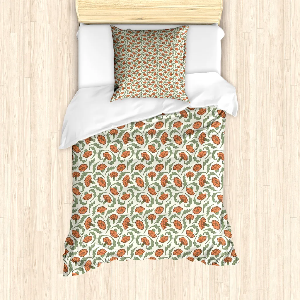 ABAKUHAUS Set copripiumino per letto singolo, garofani da giardino e foglie ricciolute, antiacaro e anallergico, con federa, 135 cm x 200 cm - 80 x 80 cm, crema multicolore