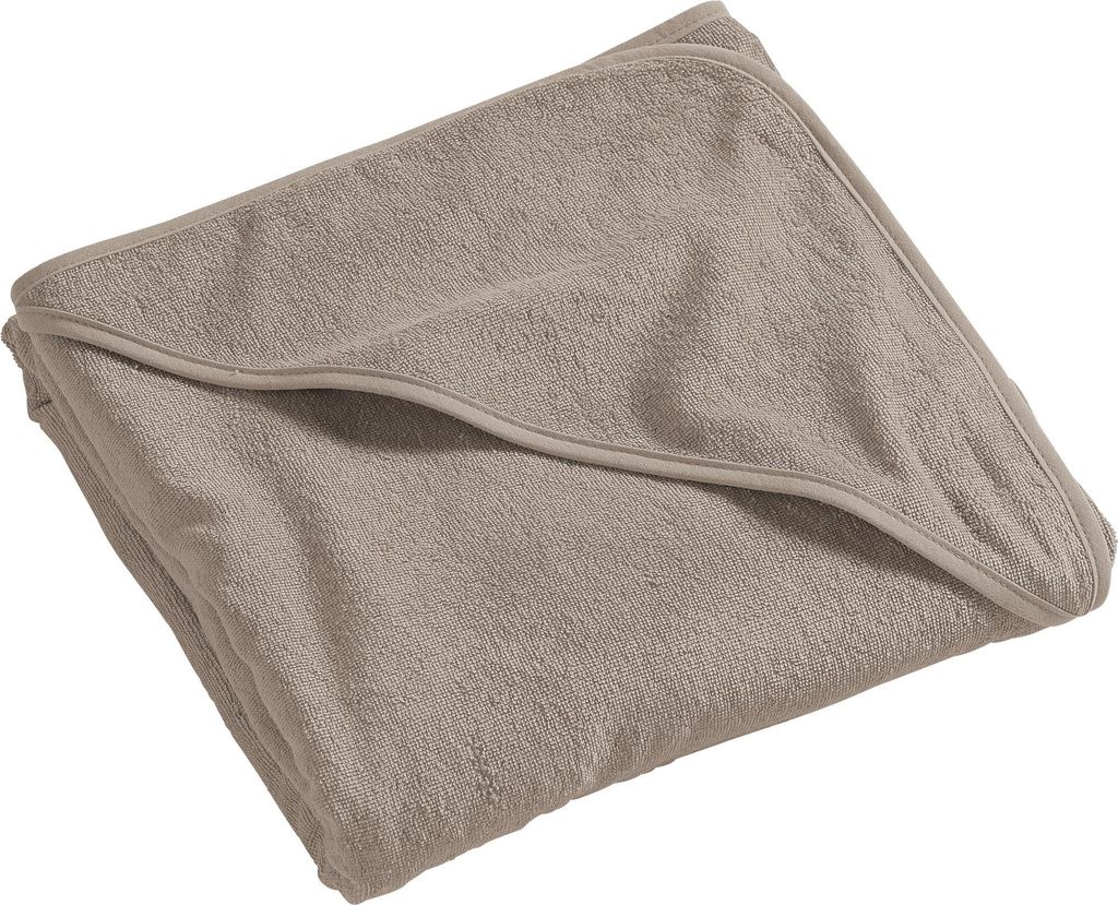 A folded beige hooded towel.