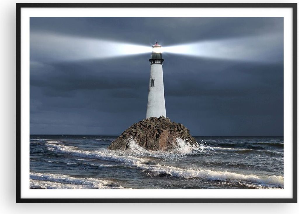 Gerahmtes Poster - Schwarzer Rahmen - Leuchtturm Meer - 100x70 cm - Wand Bild - Wanddeko - Wandbilder - Kunstposter - Wandposter - Bilderrahmen - B...
