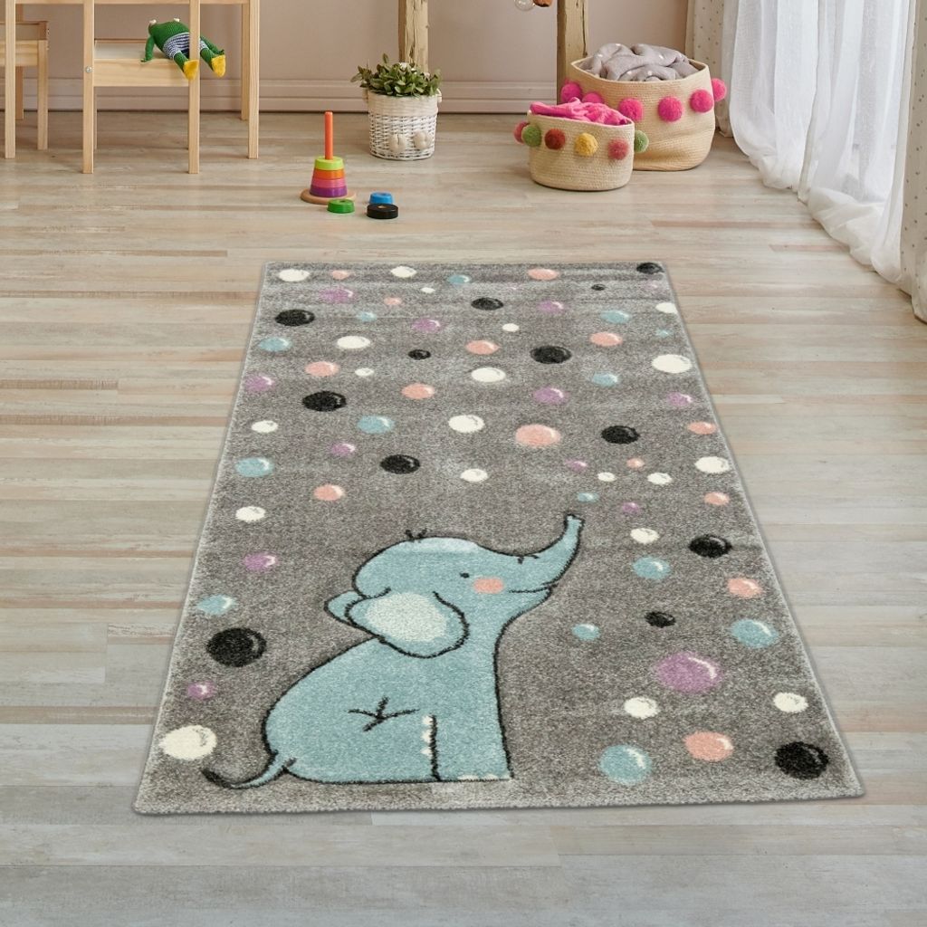 Kinderteppich Elefant Kinderzimmerteppich mit Punkten in grau blau Größe - 80 x 150 cm
