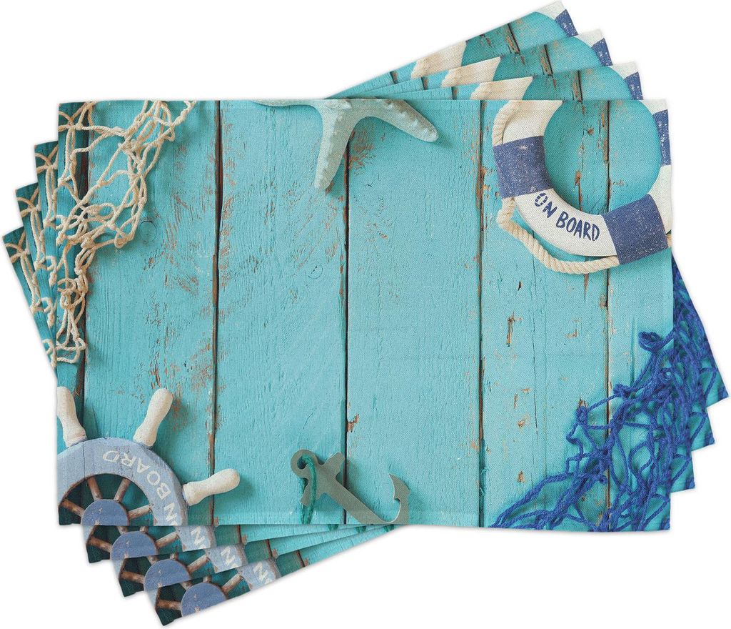 ABAKUHAUS Nautisch Platzmatten, Maritim Freiheit Meer Thema Seestern Anker Seil Hölzerne Hintergrund Foto Muster, 30 x 45 cm, Türkis Marineblau