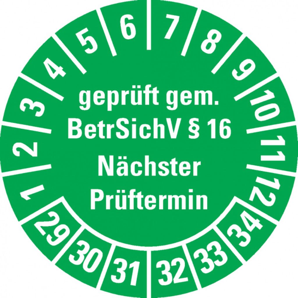 Dreifke Prüfplakette gemäß BetrSichV §16, 29-34, grün, Dokumentenfol...