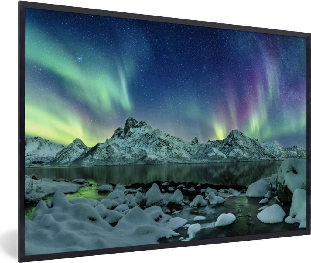 MuchoWow Gerahmtes Poster Meer - Eis - Nordlicht - Winter - Natur 90x60 cm - Poster mit Schwarzem Bilderrahmen Wandposter Rahmen Foto Bilder - Fo...