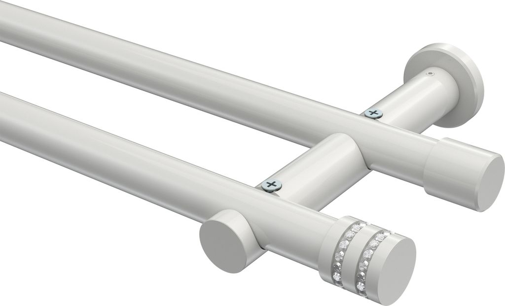 Interdeco Gardinenstange / Vorhangstange Weiß, Typ Platon Estana (Glitzerkappe) ohne Ringe, 20 mm Ø 2-läufig, 240 cm